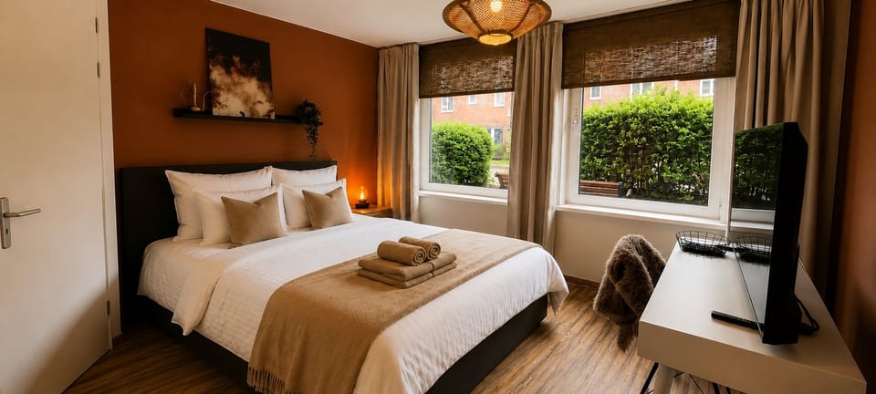 De studio met queensize boxspring, werkplek en uitzicht op groen