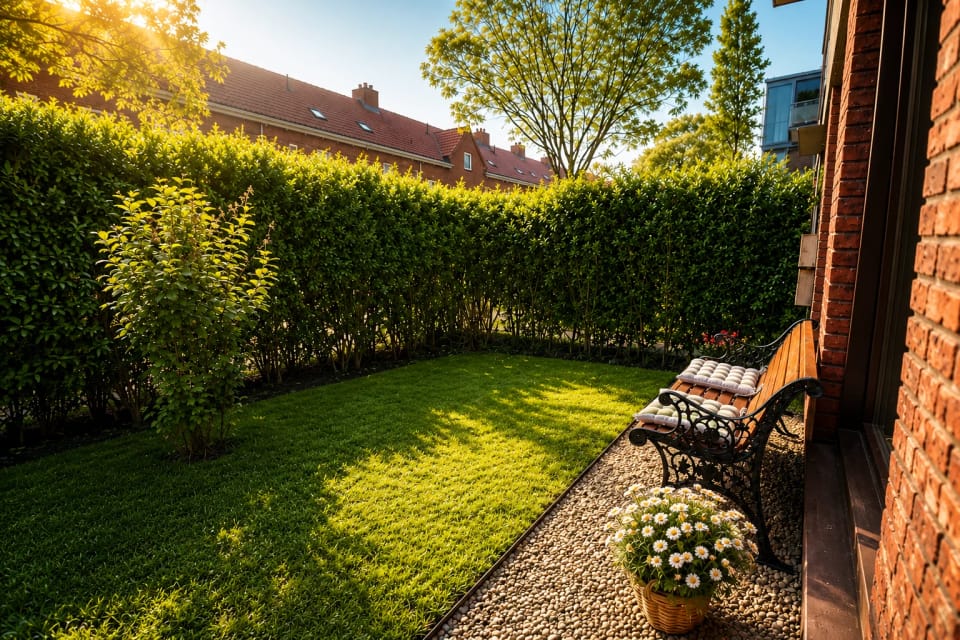 De beschutte privétuin in de avondzon