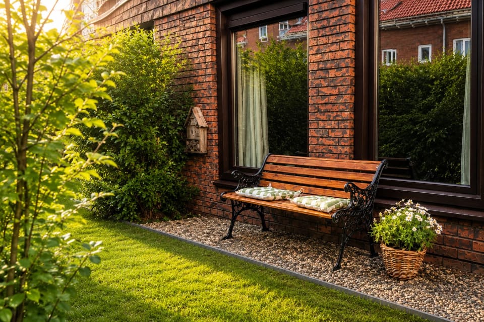 Bankje in de tuin bij de eigen entree
